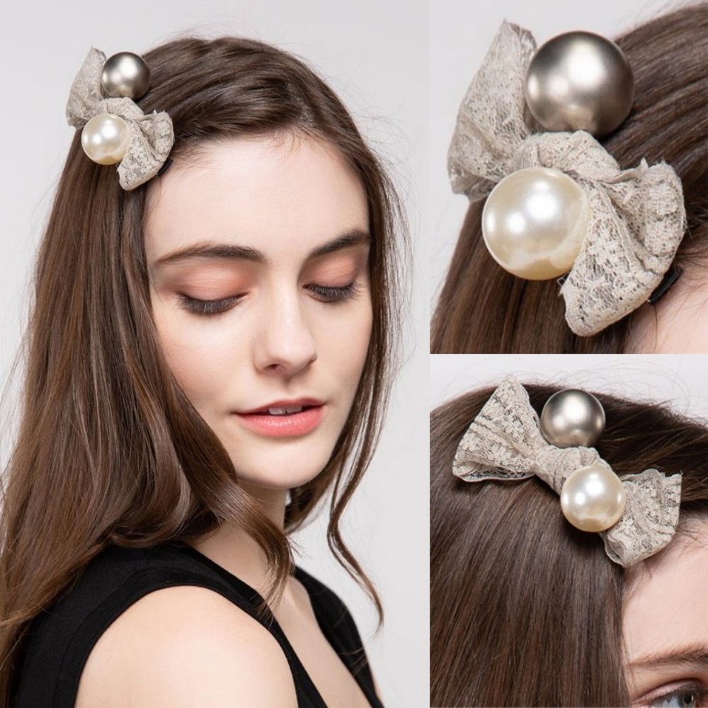 NEW POL Gray Big Pearl Lace Bow Hair Barrette Clip